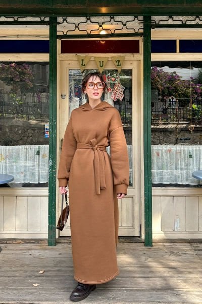 Sütlü Kahve 3 İplik Sweat Elbise