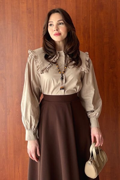 Vizon Yakası Fırfırlı Crop Gömlek