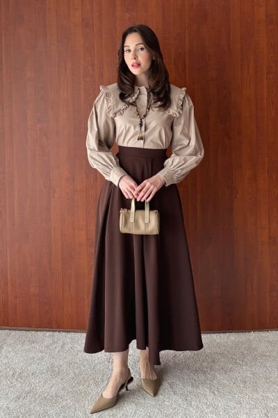 Vizon Yakası Fırfırlı Crop Gömlek