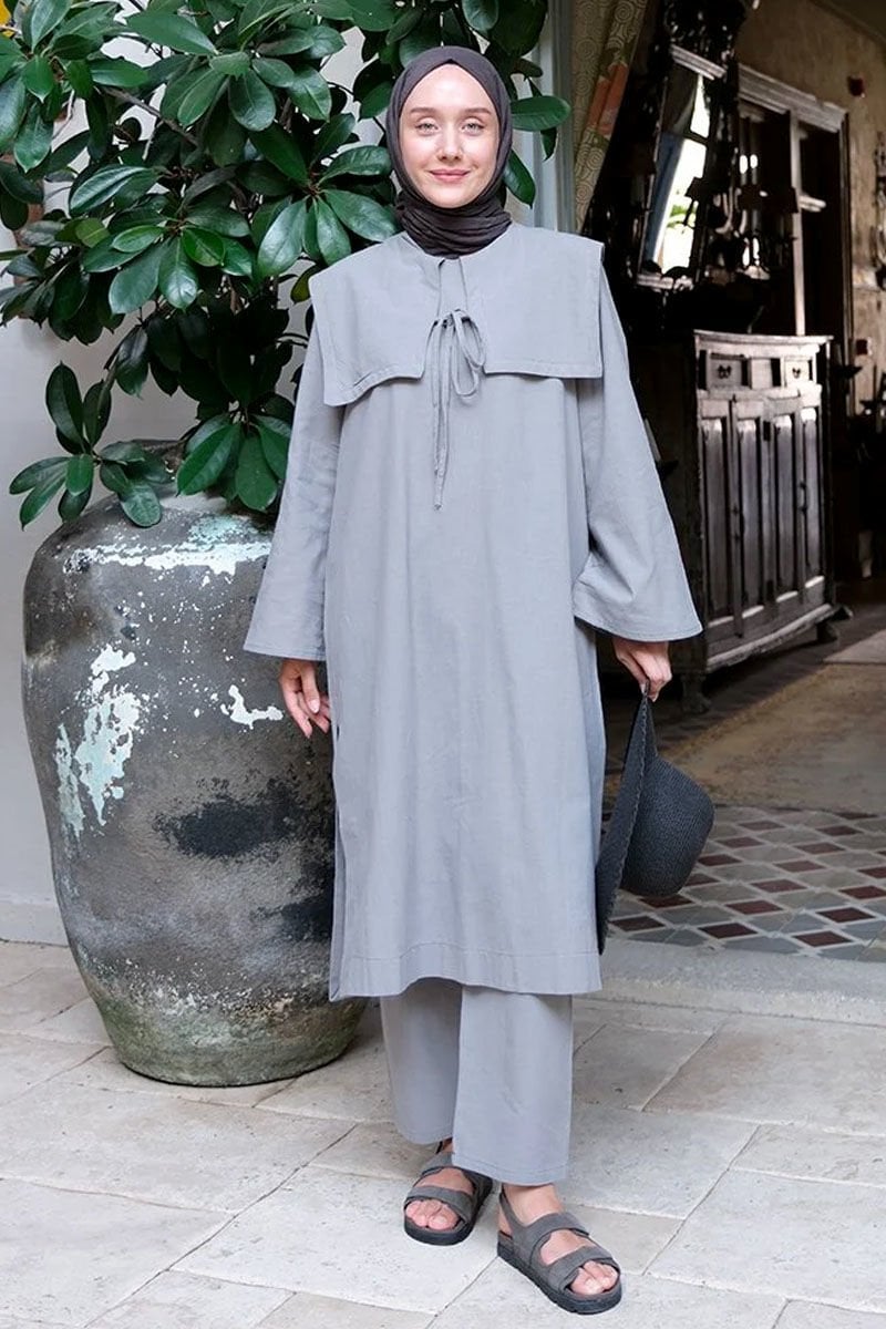 Gri Organik Keten Bahriye Yaka Tunik