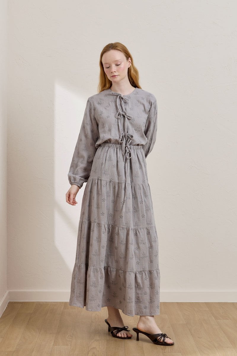 Gri Fistolu Müslin Kat Etek