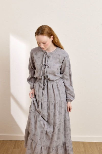 Gri Fistolu Müslin Kat Etek