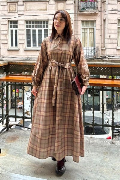 Vizon Ekoseli Vintage Elbise