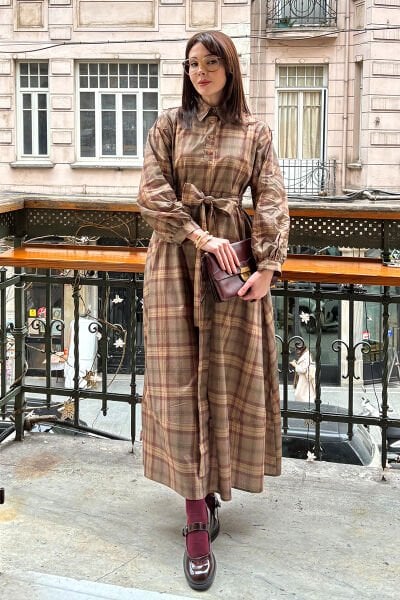 Vizon Ekoseli Vintage Elbise