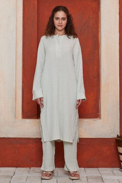 Su Yeşili Müslin Uzun Patlı Takım