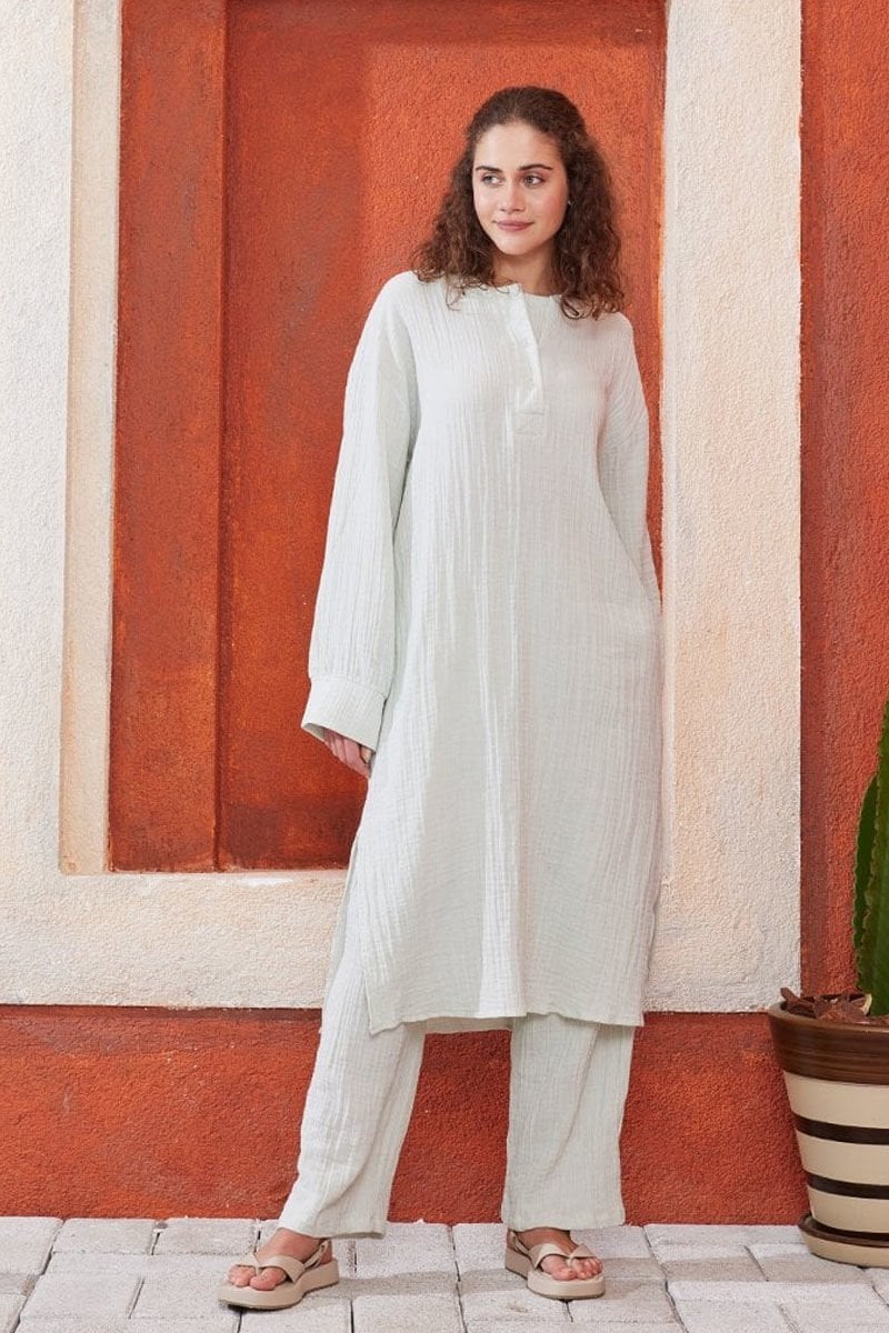 Su Yeşili Müslin Uzun Patlı Takım