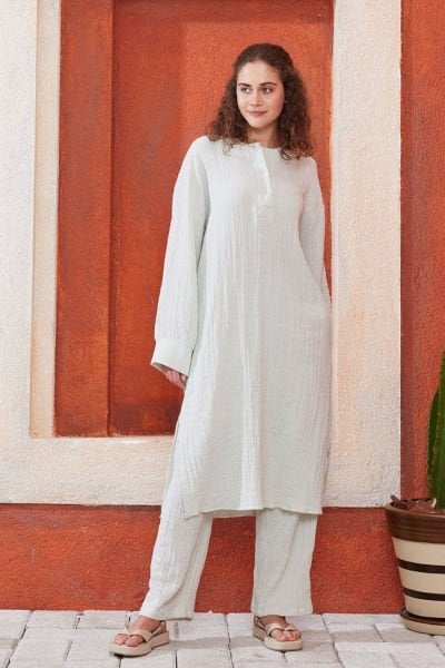 Su Yeşili Müslin Uzun Patlı Takım