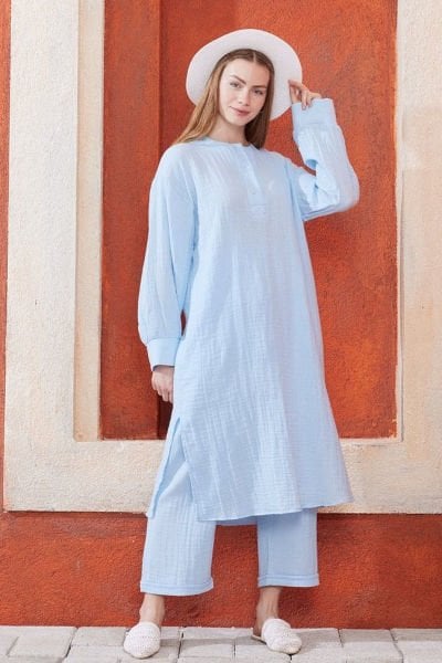 Bebe Mavisi Müslin Uzun Patlı Takım