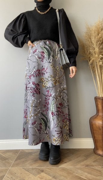 Gri Desenli Pamuk Saten Kloş Etek I HENNA