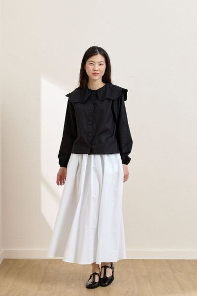 Siyah Papatya Yaka Crop Gömlek & Beyaz Balon Etek