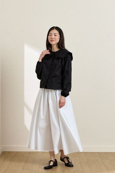 Siyah Papatya Yaka Crop Gömlek & Beyaz Balon Etek