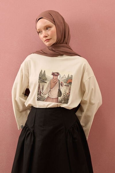 Ekru Papatya Kız Baskılı Basic Body