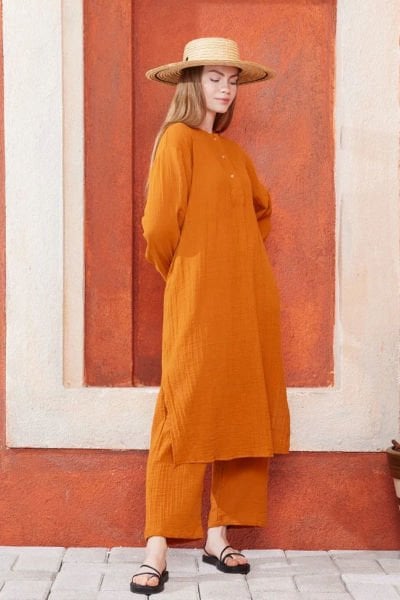 Turuncu Müslin Uzun Patlı Takım