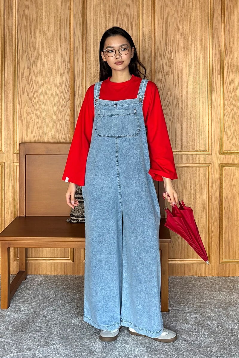 Kırmızı Body & Buz Mavisi Kot Salopet Tulum Takım