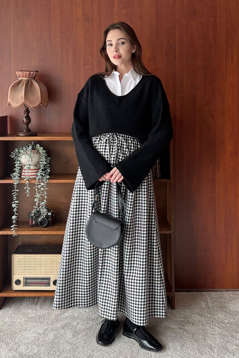 Siyah Pötikare Fırfır Detay Poliviskon Etek