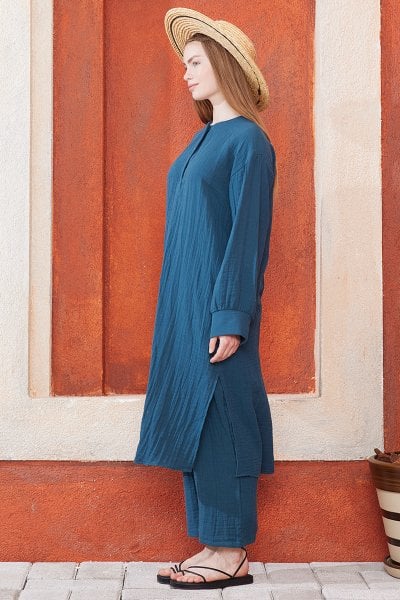 Koyu İndigo Müslin Uzun Patlı Takım