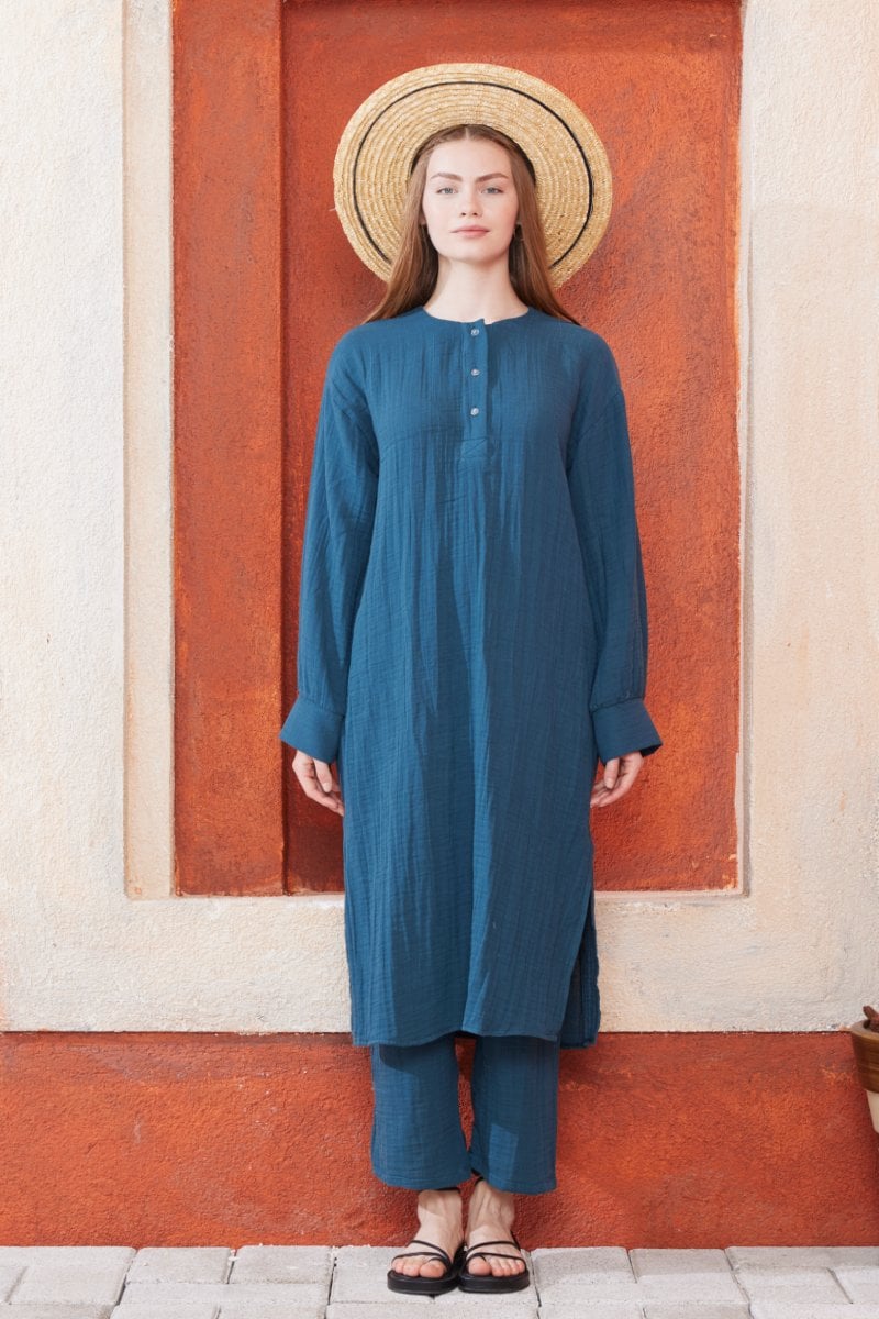 Koyu İndigo Müslin Uzun Patlı Takım