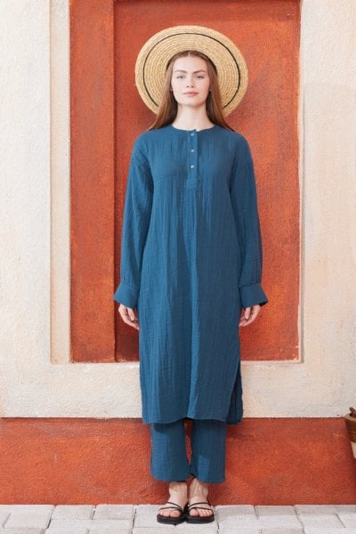 Koyu İndigo Müslin Uzun Patlı Takım