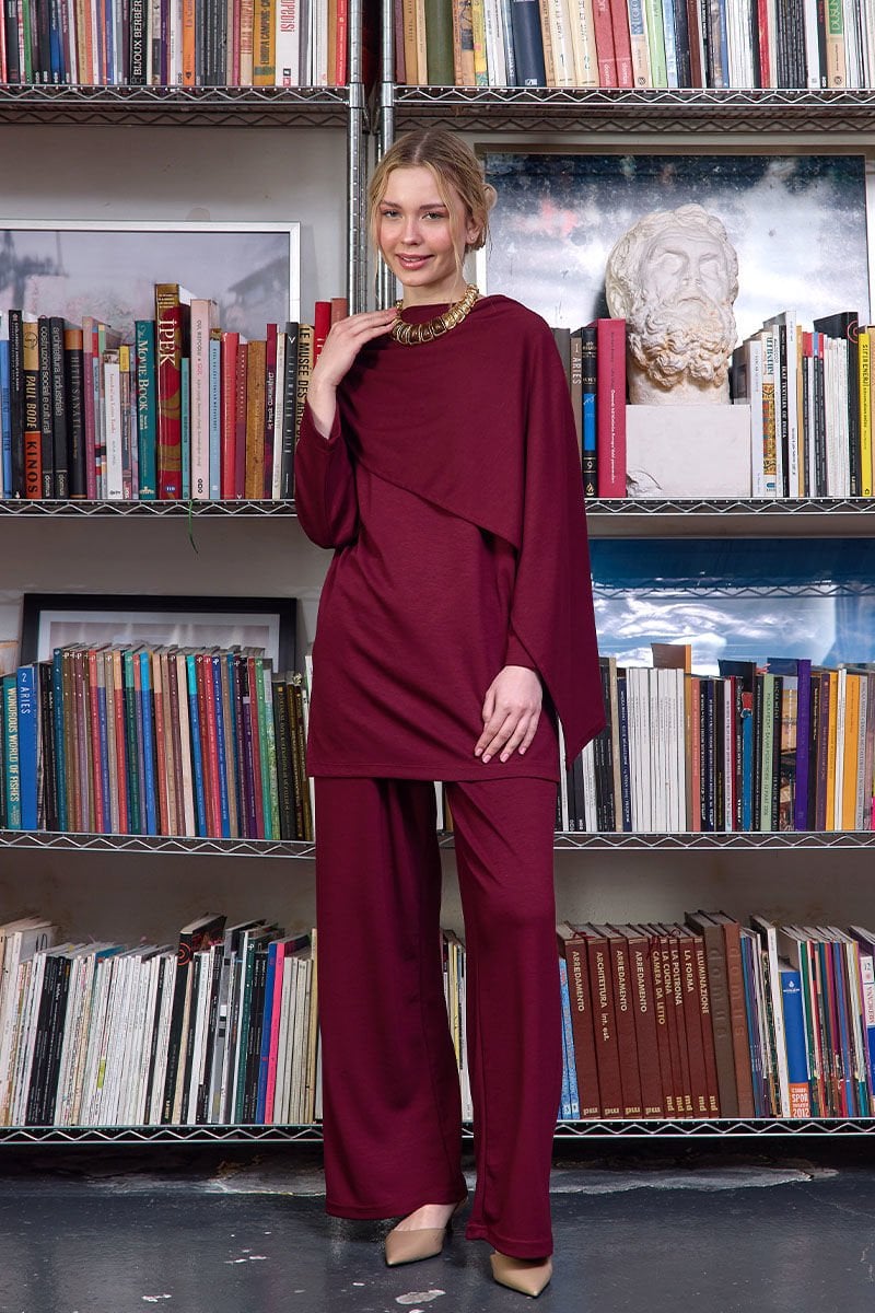 Bordo Oysho Atkılı Tunik & Bol Paça Pantolon Takım