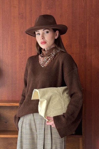 Kaz Ayağı Desenli Pile Detay Palazzo Pantolon