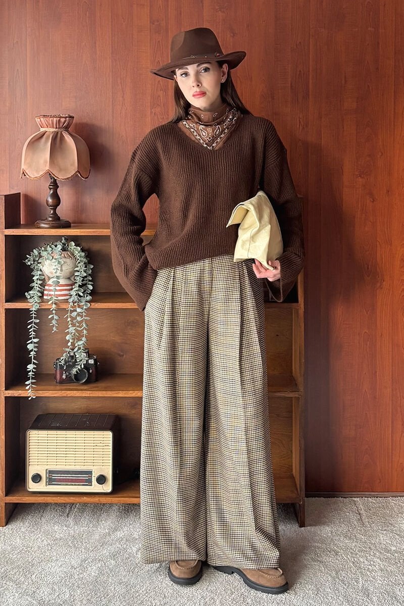 Kaz Ayağı Desenli Pile Detay Palazzo Pantolon