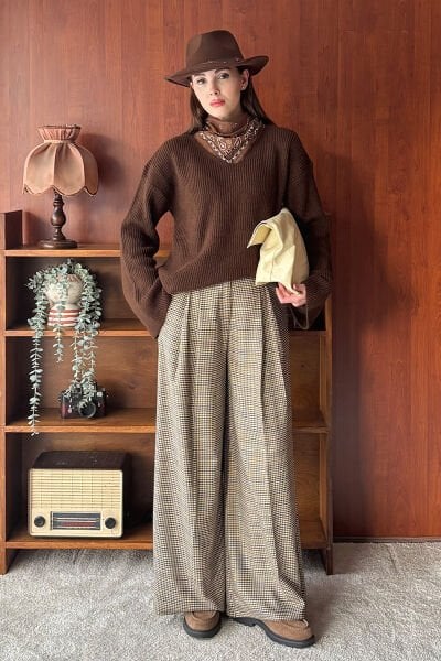 Kaz Ayağı Desenli Pile Detay Palazzo Pantolon