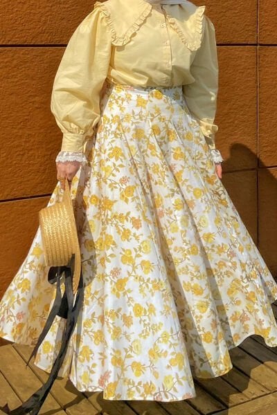 Sarı Çiçek Desenli Parçalı Etek