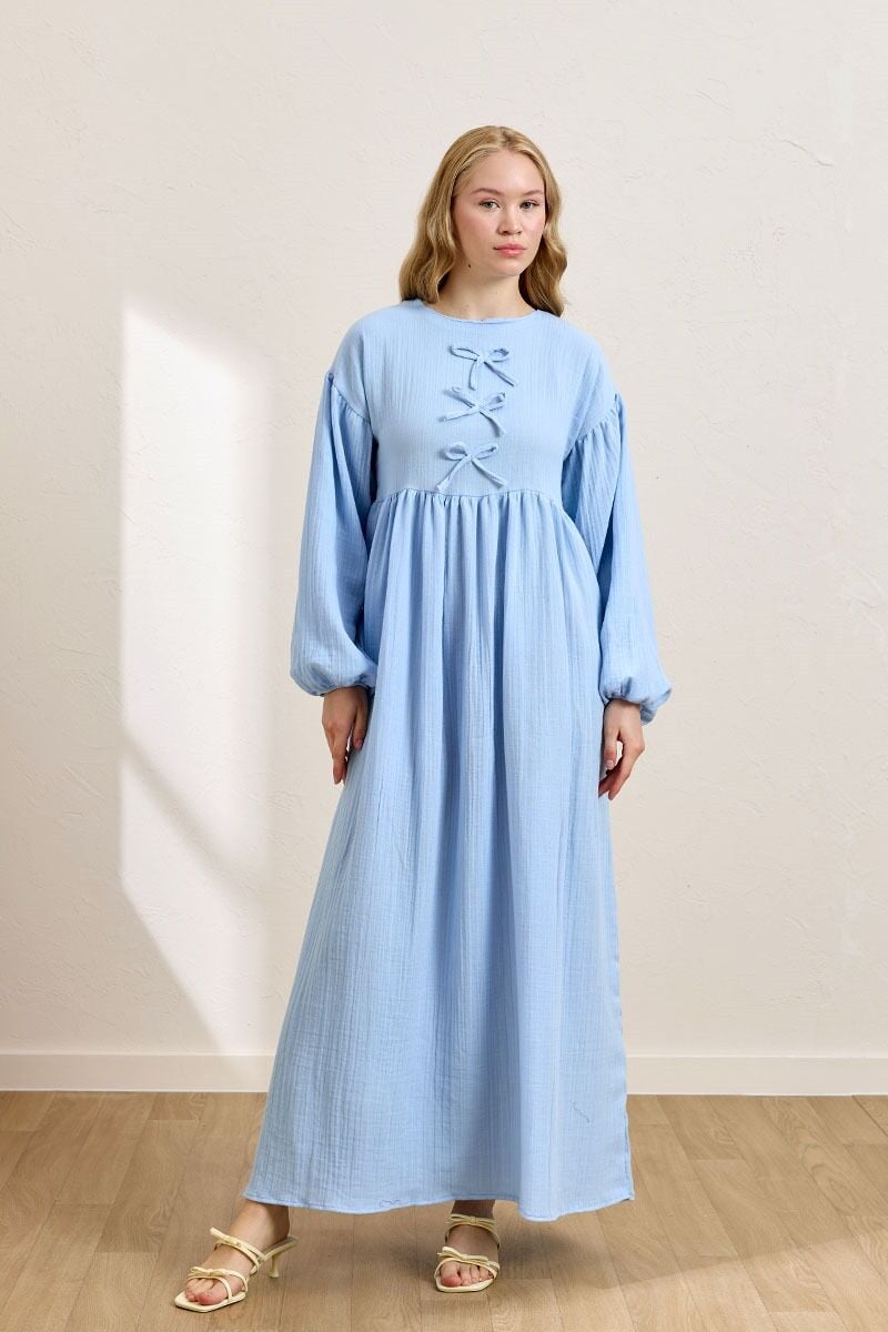 Bebe Mavisi  Müslin Fiyonklu Belroba Elbise