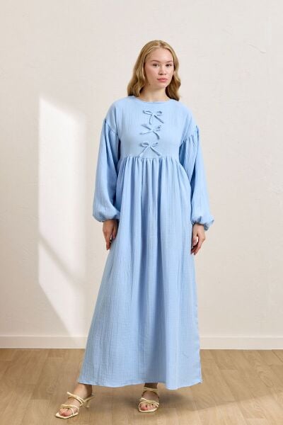 Bebe Mavisi  Müslin Fiyonklu Belroba Elbise
