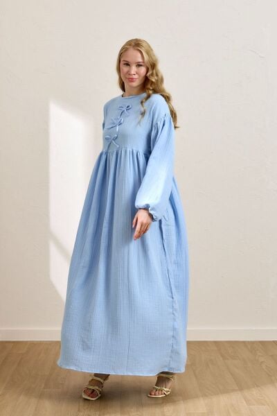 Bebe Mavisi  Müslin Fiyonklu Belroba Elbise