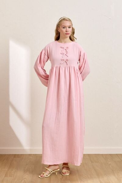 Pembe Müslin Fiyonklu Belroba Elbise
