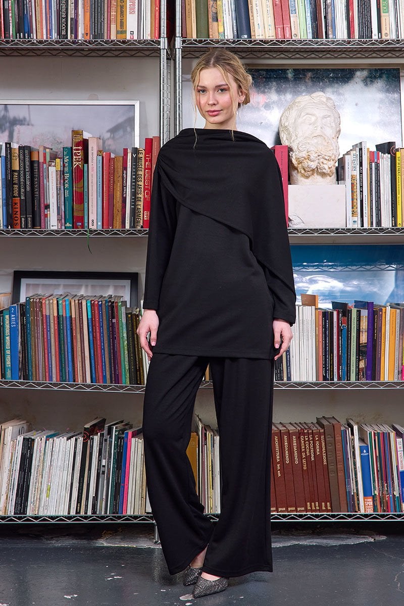 Siyah Oysho Atkılı Tunik & Bol Paça Pantolon Takım