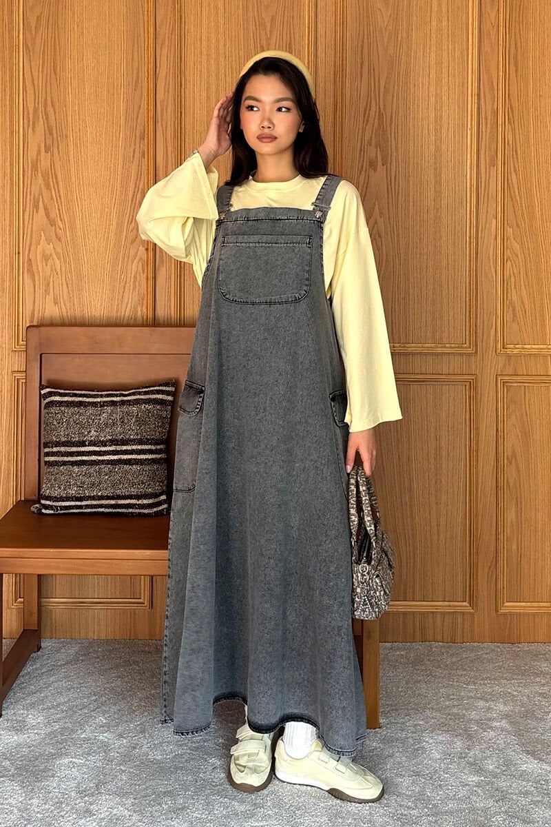 Tereyağ Sarısı Body & Antrasit Kot Etekli Salopet Takım