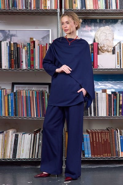 Lacivert Oysho Atkılı Tunik & Bol Paça Pantolon Takım