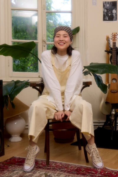 Tereyağ Sarısı Keten Salopet Tulum & Ekru Body Takım