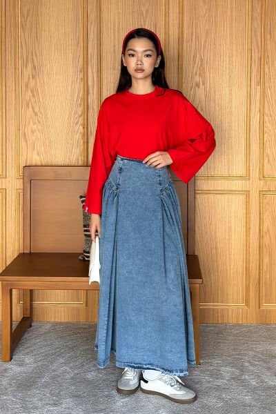 Buz Mavisi Kot Pile Detay Etek