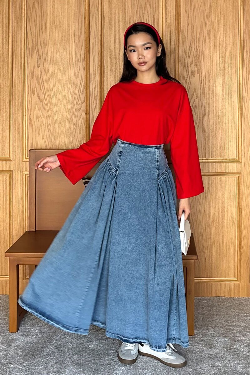 Buz Mavisi Kot Pile Detay Etek