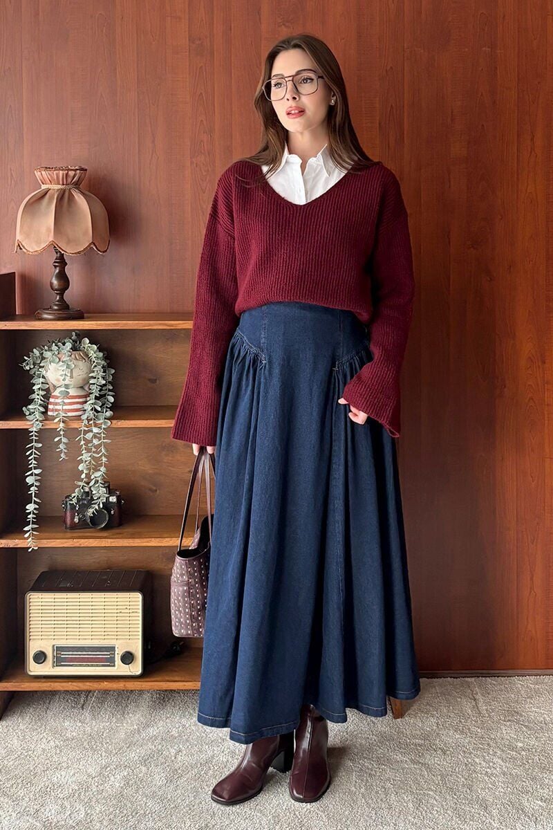 Bordo V Yaka Triko Kazak & Kot Pile Detay Etek Takım