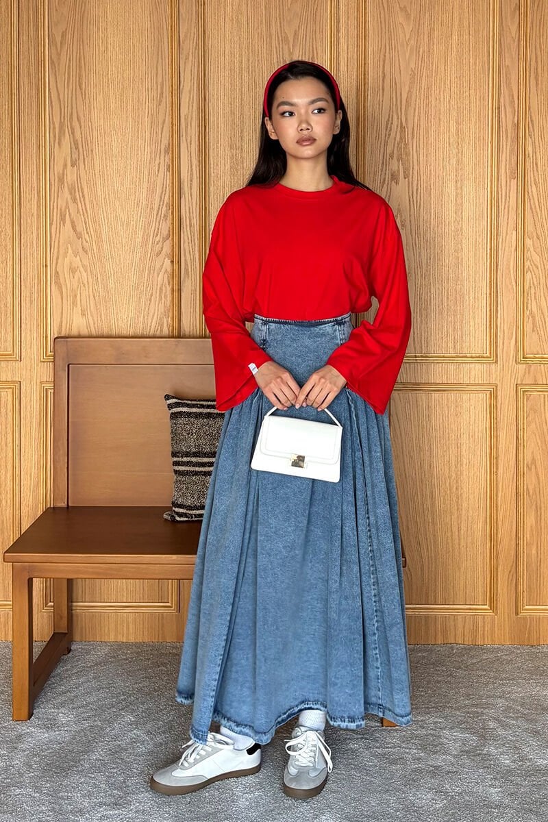 Kırmızı Body & Buz Mavisi Kot Pile Detay Etek Takım