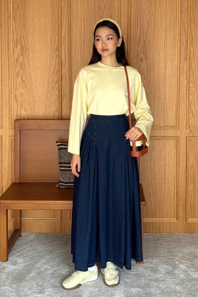 Tereyağ Sarısı Body & Kot Pile Detay Etek Takım