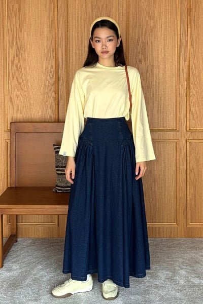 Tereyağ Sarısı Body & Kot Pile Detay Etek Takım