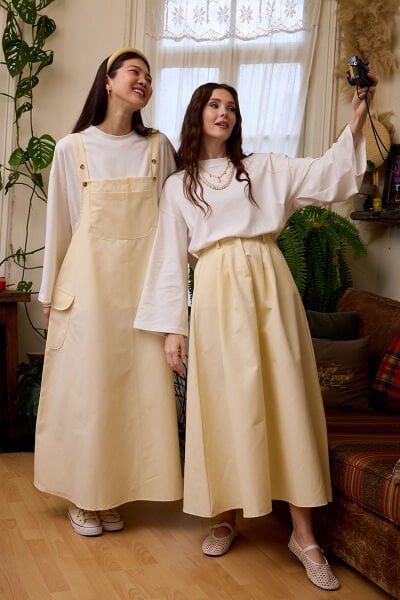 Tereyağ Sarısı Keten Etekli Salopet