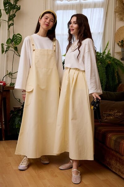 Tereyağ Sarısı Keten Etekli Salopet
