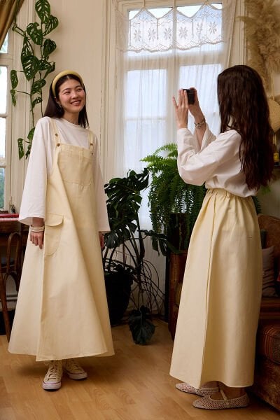 Tereyağ Sarısı Keten Etekli Salopet