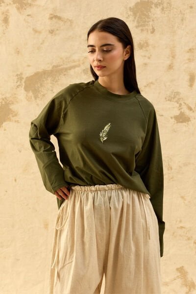 Haki Yaprak Nakışlı Süprem Reglan Kol  Body