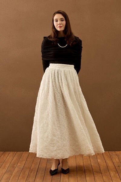 Ekru Dantelli Balon Etek