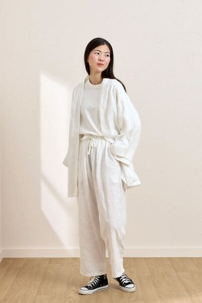 Beyaz Fistolu Müslin Kısa Kimono & Pantolon Takım