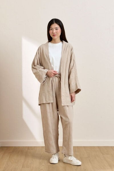Vizon Fistolu Müslin Kısa Kimono & Pantolon Takım