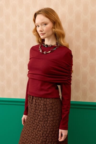 Bordo Oysho Büzgü Detaylı Bluz