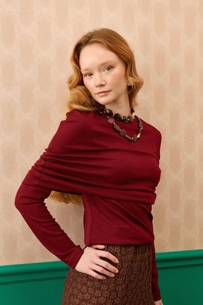 Bordo Oysho Büzgü Detaylı Bluz